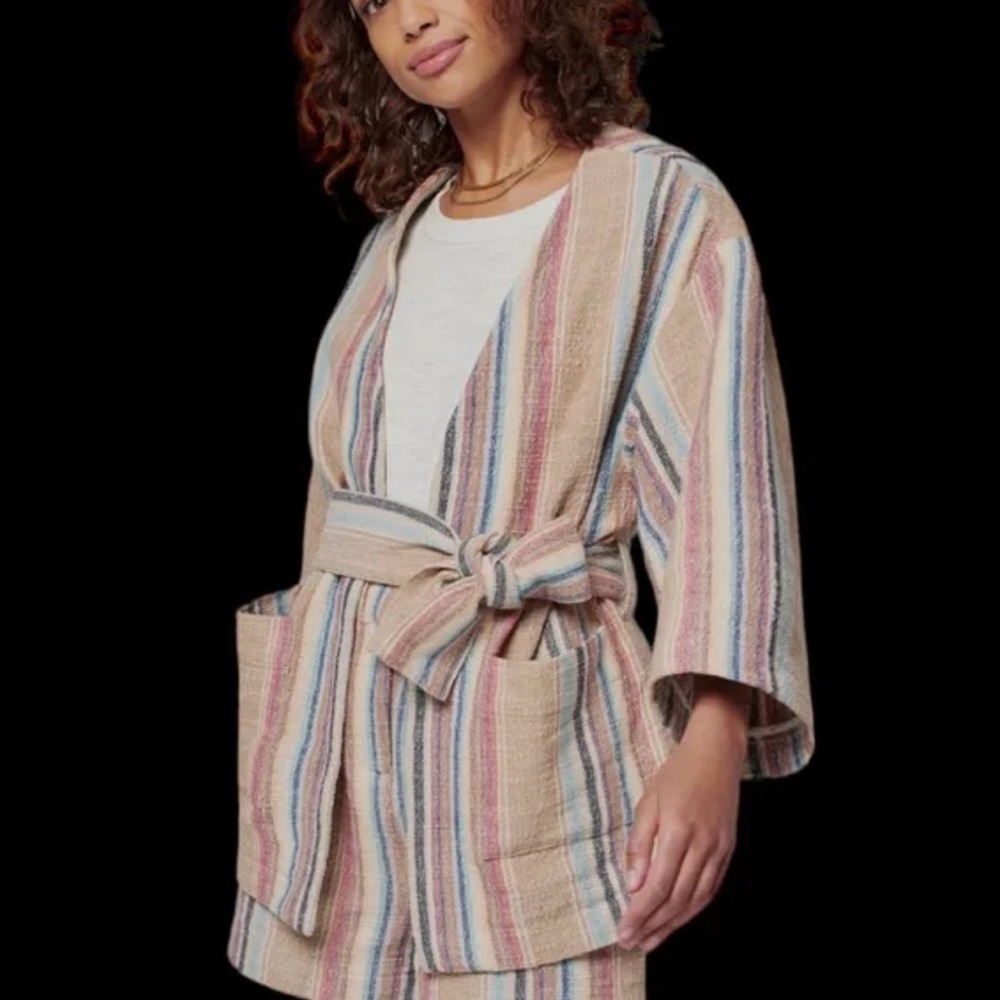 Faherty Striped Belted Kimono Jacket in Beige, Pink & Blue
